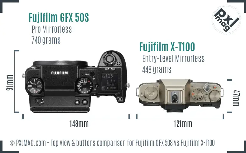 Fujifilm GFX 50S vs Fujifilm X-T100 top view buttons comparison