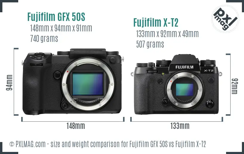 Fujifilm GFX 50S vs Fujifilm X-T2 size comparison Fujifilm GFX 50S vs Fujifilm X-T2 size comparison