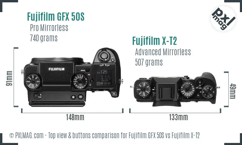 Fujifilm GFX 50S vs Fujifilm X-T2 top view buttons comparison Fujifilm GFX 50S vs Fujifilm X-T2 top view buttons comparison
