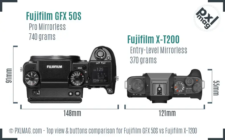 Fujifilm GFX 50S vs Fujifilm X-T200 top view buttons comparison