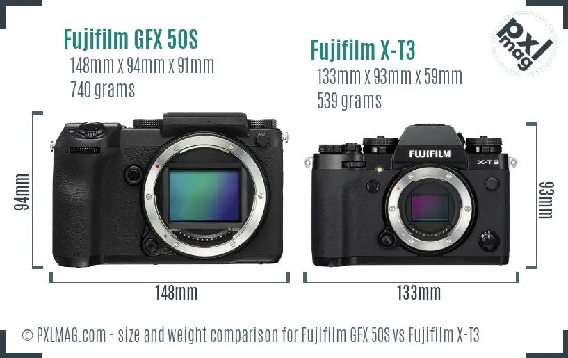 Fujifilm GFX 50S vs Fujifilm X-T3 size comparison