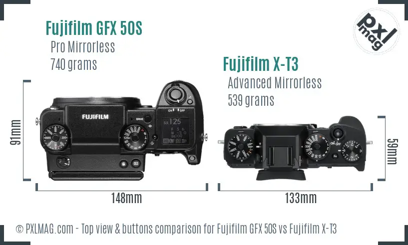 Fujifilm GFX 50S vs Fujifilm X-T3 top view buttons comparison