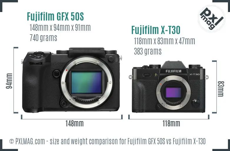 Fujifilm GFX 50S vs Fujifilm X-T30 size comparison