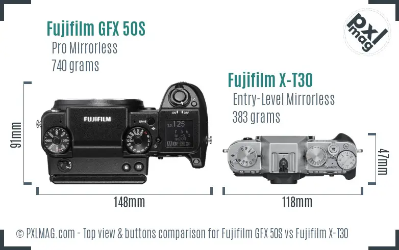 Fujifilm GFX 50S vs Fujifilm X-T30 top view buttons comparison