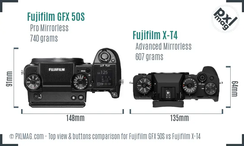 Fujifilm GFX 50S vs Fujifilm X-T4 top view buttons comparison