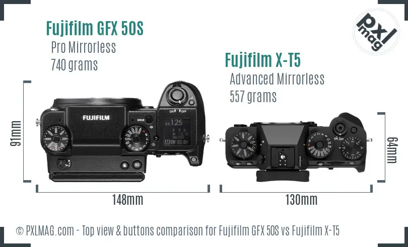 Fujifilm GFX 50S vs Fujifilm X-T5 top view buttons comparison