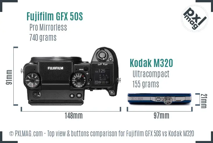 Fujifilm GFX 50S vs Kodak M320 top view buttons comparison