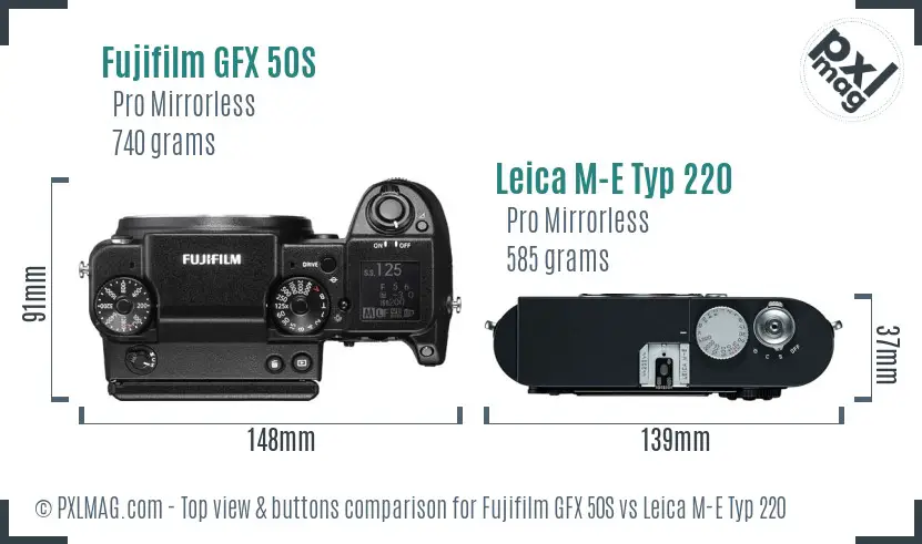 Fujifilm GFX 50S vs Leica M-E Typ 220 top view buttons comparison