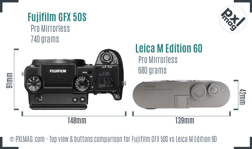 Fujifilm GFX 50S vs Leica M Edition 60 top view buttons comparison