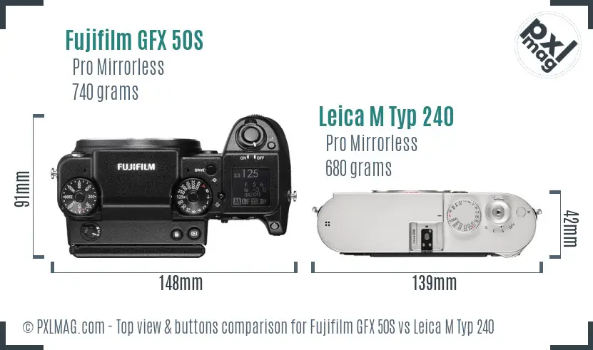 Fujifilm GFX 50S vs Leica M Typ 240 top view buttons comparison