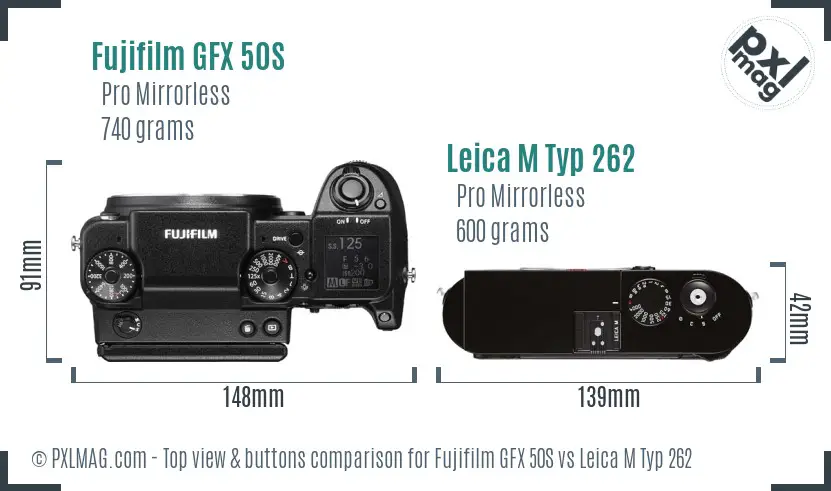 Fujifilm GFX 50S vs Leica M Typ 262 top view buttons comparison