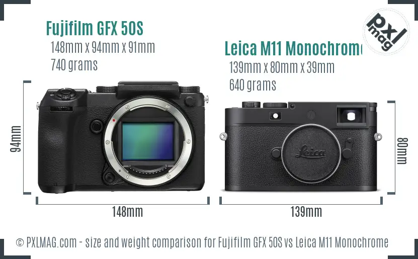 Fujifilm GFX 50S vs Leica M11 Monochrome size comparison