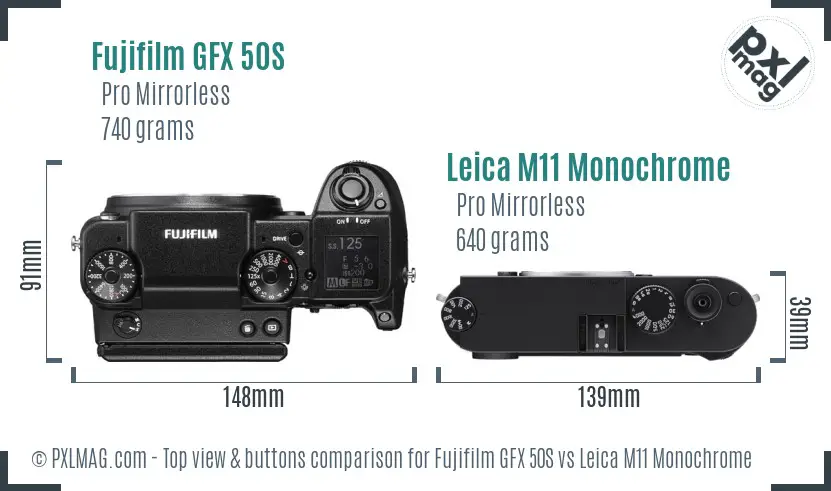 Fujifilm GFX 50S vs Leica M11 Monochrome top view buttons comparison