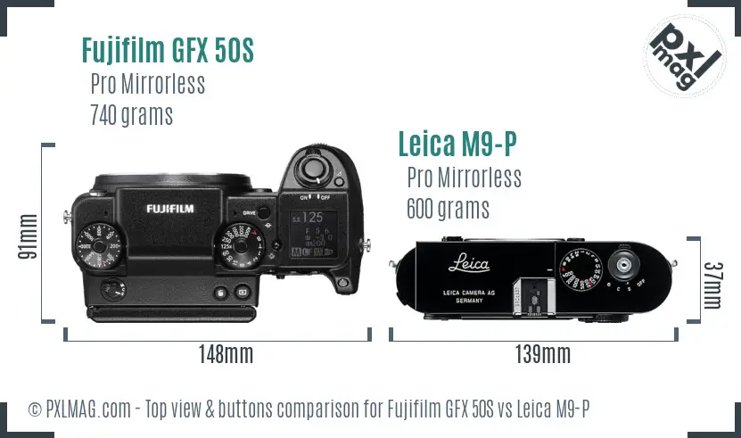 Fujifilm GFX 50S vs Leica M9-P top view buttons comparison