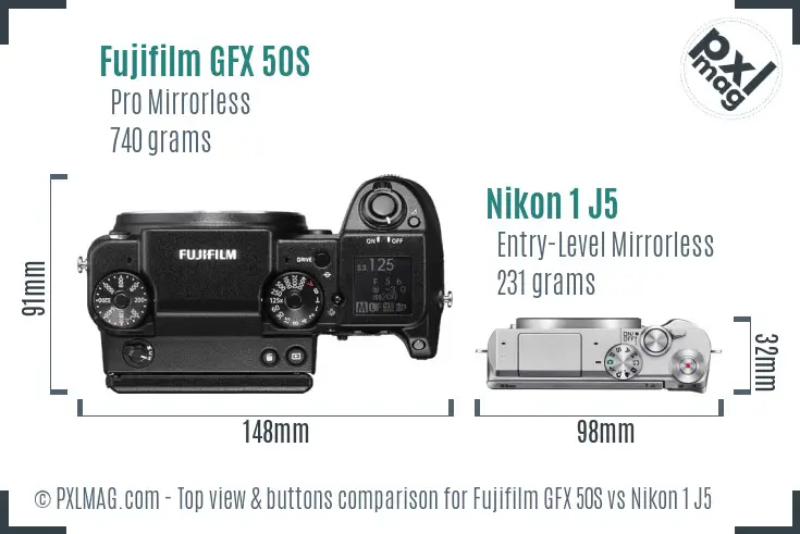 Fujifilm GFX 50S vs Nikon 1 J5 top view buttons comparison