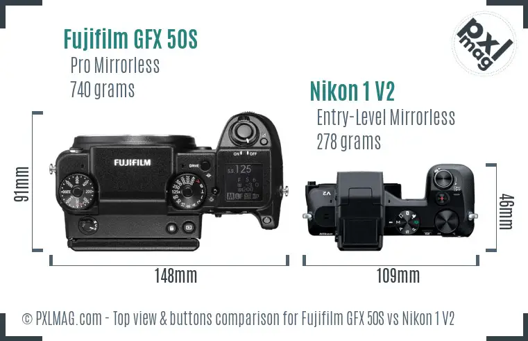 Fujifilm GFX 50S vs Nikon 1 V2 top view buttons comparison