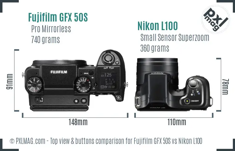 Fujifilm GFX 50S vs Nikon L100 top view buttons comparison
