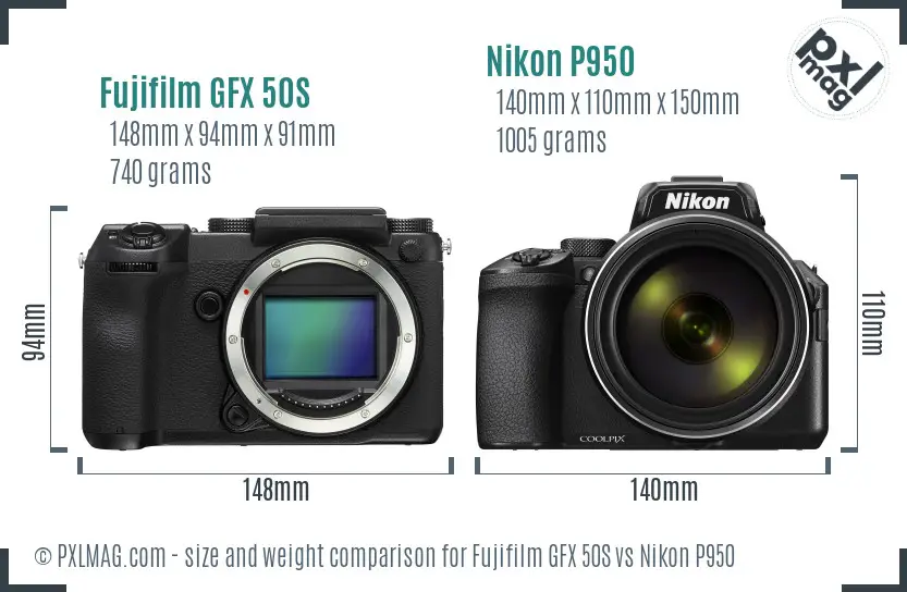 Fujifilm GFX 50S vs Nikon P950 size comparison
