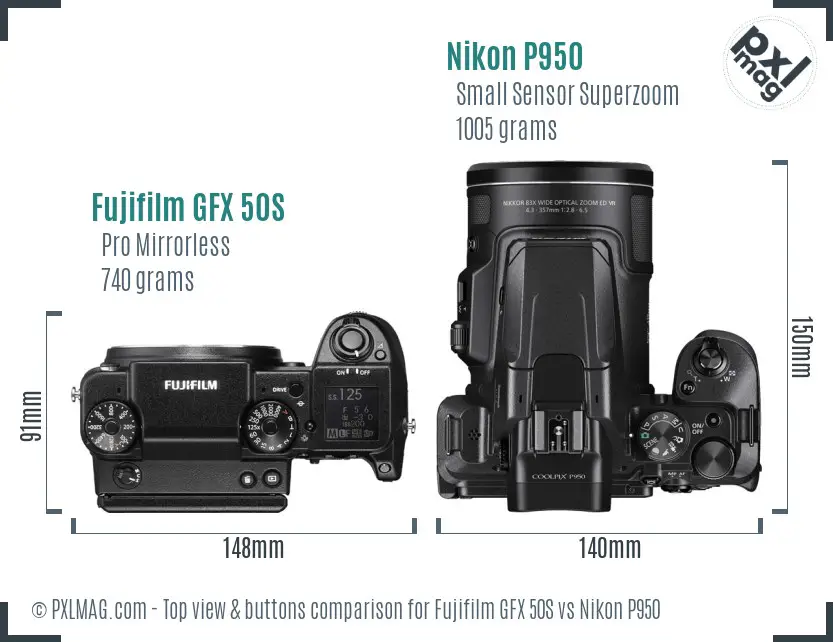 Fujifilm GFX 50S vs Nikon P950 top view buttons comparison