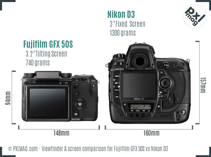 Fujifilm GFX 50S vs Nikon D3 Screen and Viewfinder comparison