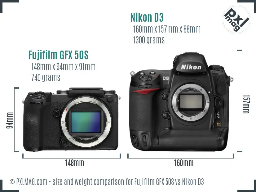 Fujifilm GFX 50S vs Nikon D3 size comparison