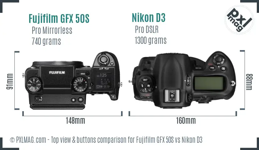 Fujifilm GFX 50S vs Nikon D3 top view buttons comparison
