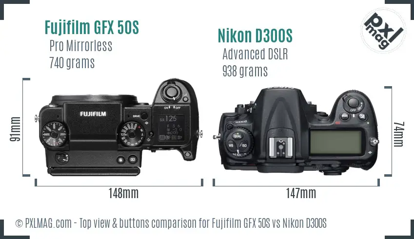 Fujifilm GFX 50S vs Nikon D300S top view buttons comparison