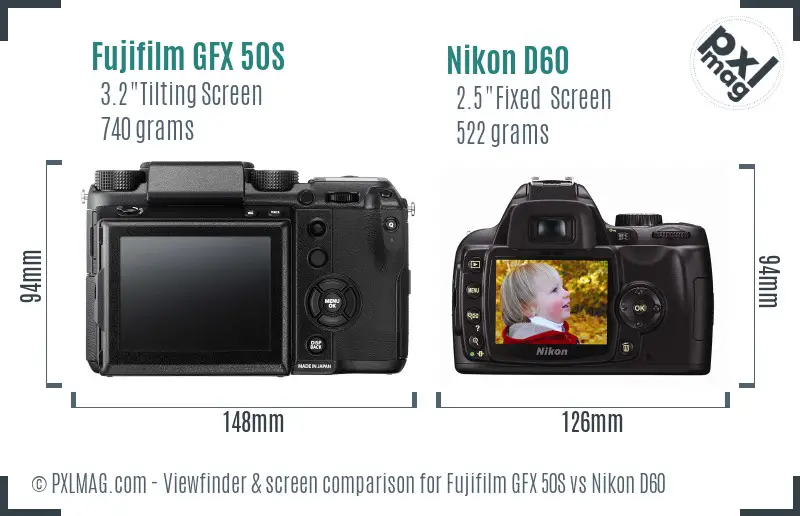 Fujifilm GFX 50S vs Nikon D60 Screen and Viewfinder comparison