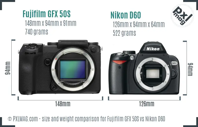 Fujifilm GFX 50S vs Nikon D60 size comparison
