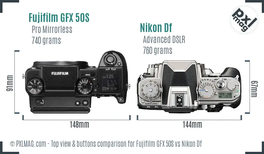 Fujifilm GFX 50S vs Nikon Df top view buttons comparison Fujifilm GFX 50S vs Nikon Df top view buttons comparison
