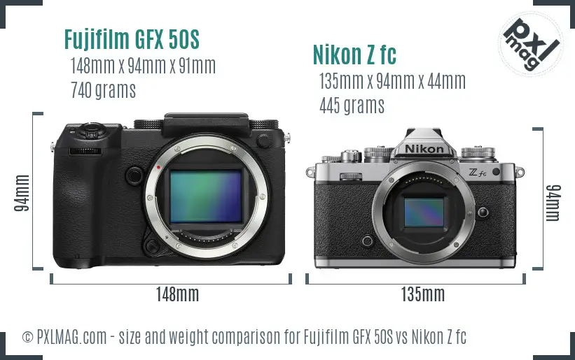 Fujifilm GFX 50S vs Nikon Z fc size comparison