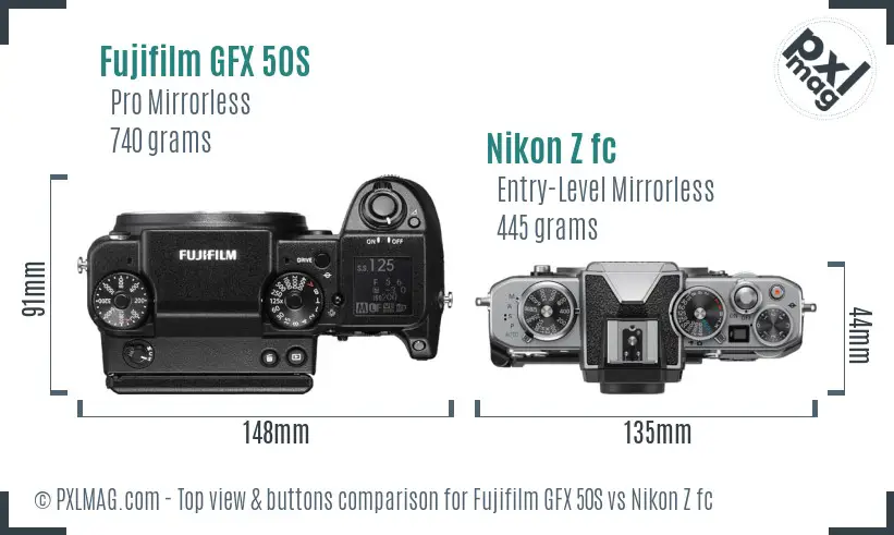 Fujifilm GFX 50S vs Nikon Z fc top view buttons comparison