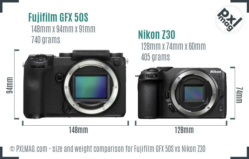 Fujifilm GFX 50S vs Nikon Z30 size comparison Fujifilm GFX 50S vs Nikon Z30 size comparison