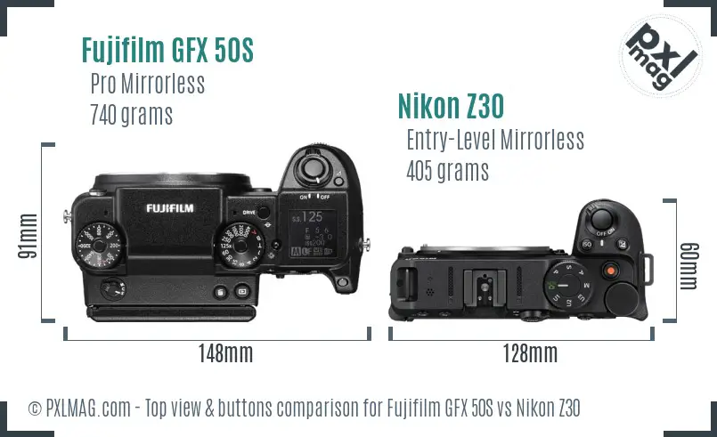 Fujifilm GFX 50S vs Nikon Z30 top view buttons comparison Fujifilm GFX 50S vs Nikon Z30 top view buttons comparison