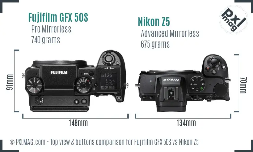 Fujifilm GFX 50S vs Nikon Z5 top view buttons comparison Fujifilm GFX 50S vs Nikon Z5 top view buttons comparison