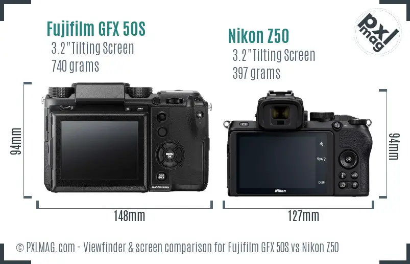 Fujifilm GFX 50S vs Nikon Z50 Screen and Viewfinder comparison