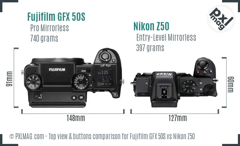 Fujifilm GFX 50S vs Nikon Z50 top view buttons comparison