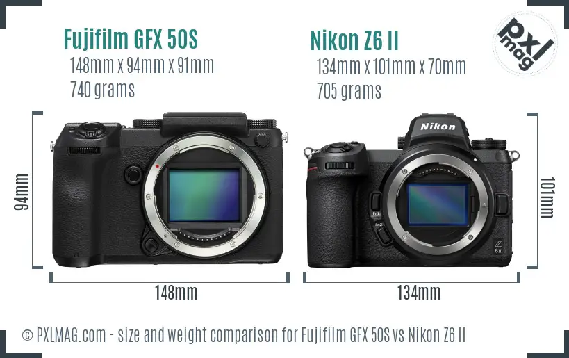 Fujifilm GFX 50S vs Nikon Z6 II size comparison