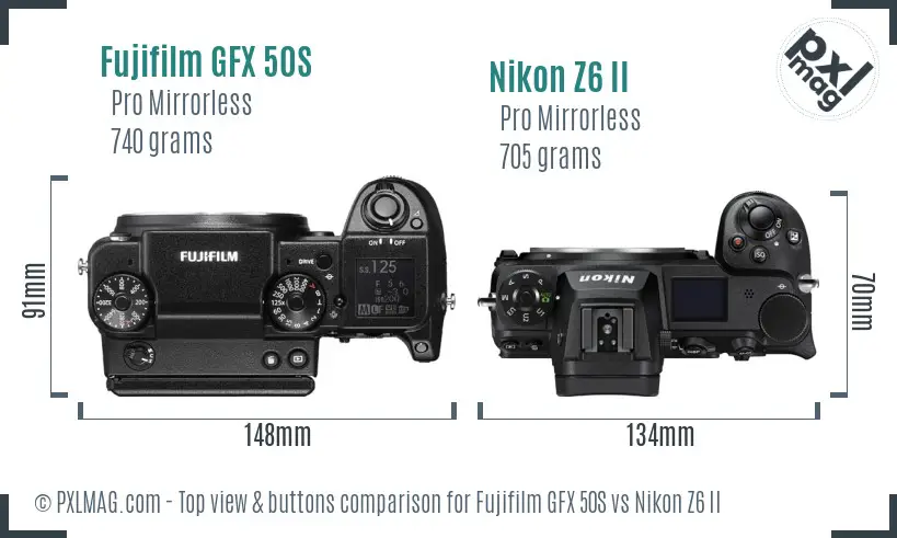 Fujifilm GFX 50S vs Nikon Z6 II top view buttons comparison