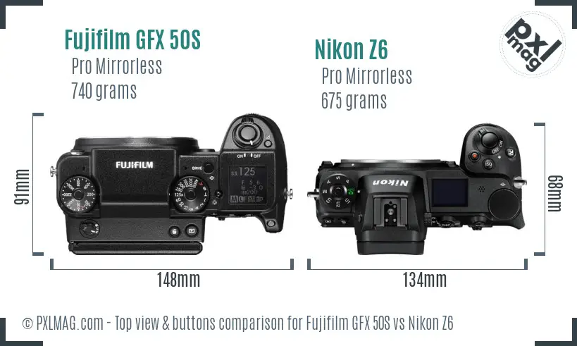 Fujifilm GFX 50S vs Nikon Z6 top view buttons comparison