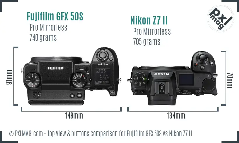 Fujifilm GFX 50S vs Nikon Z7 II top view buttons comparison