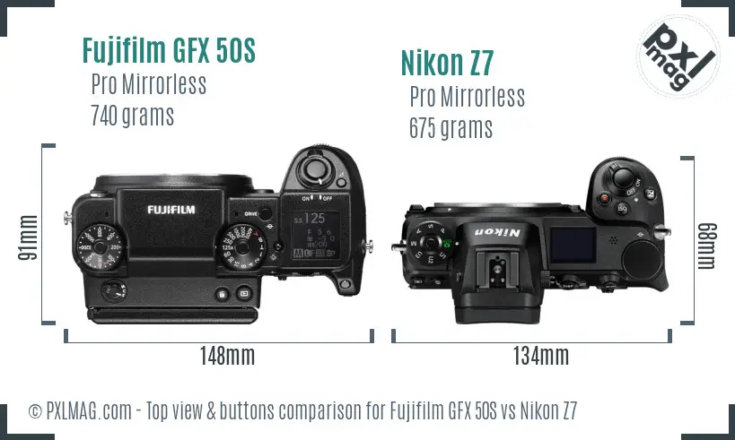 Fujifilm GFX 50S vs Nikon Z7 top view buttons comparison