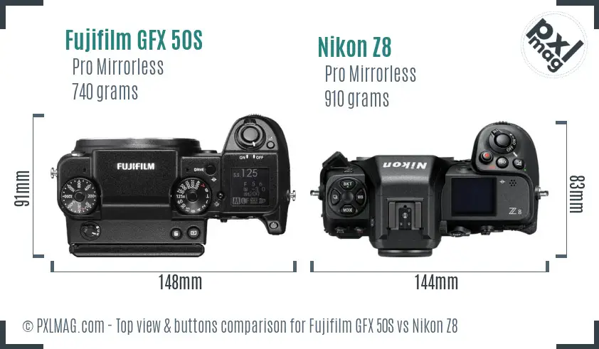 Fujifilm GFX 50S vs Nikon Z8 top view buttons comparison Fujifilm GFX 50S vs Nikon Z8 top view buttons comparison