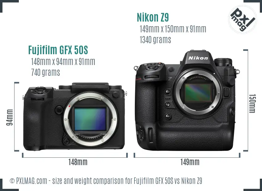 Fujifilm GFX 50S vs Nikon Z9 size comparison
