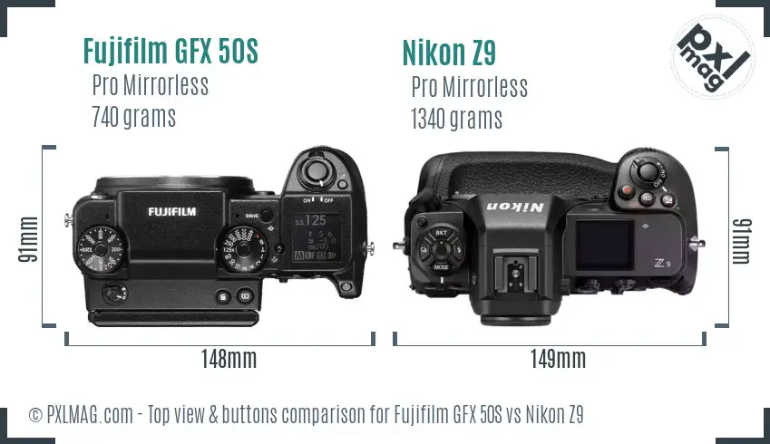 Fujifilm GFX 50S vs Nikon Z9 top view buttons comparison