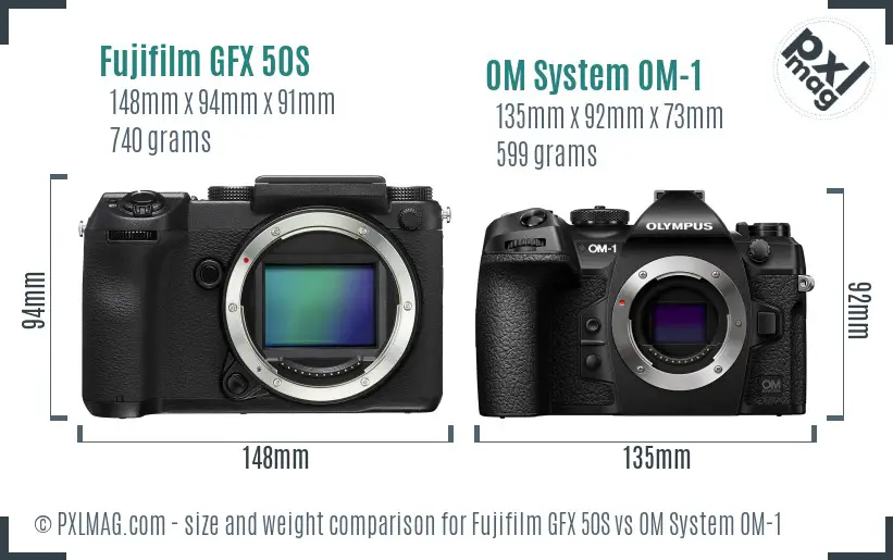 Fujifilm GFX 50S vs OM System OM-1 size comparison