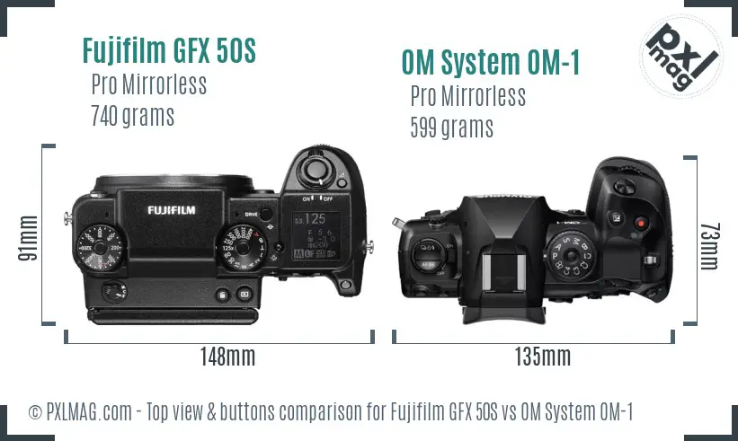 Fujifilm GFX 50S vs OM System OM-1 top view buttons comparison