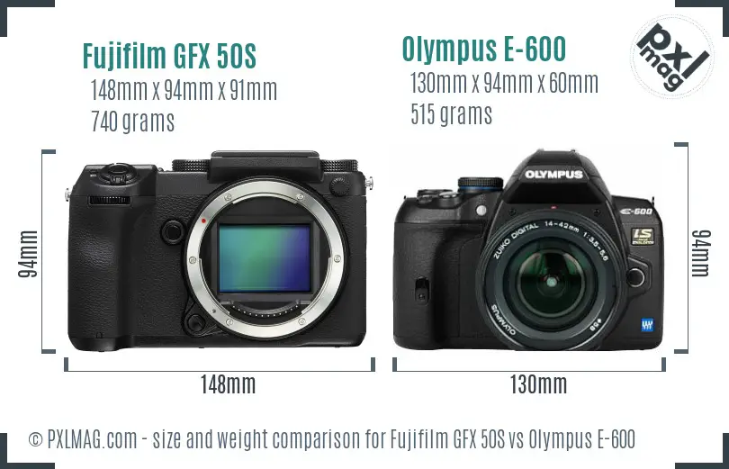 Fujifilm GFX 50S vs Olympus E-600 size comparison