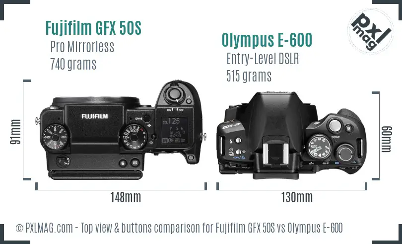 Fujifilm GFX 50S vs Olympus E-600 top view buttons comparison