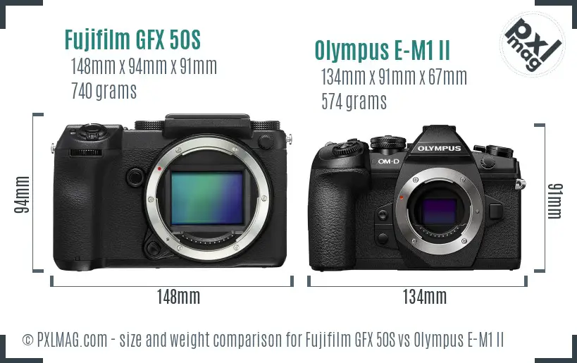 Fujifilm GFX 50S vs Olympus E-M1 II size comparison